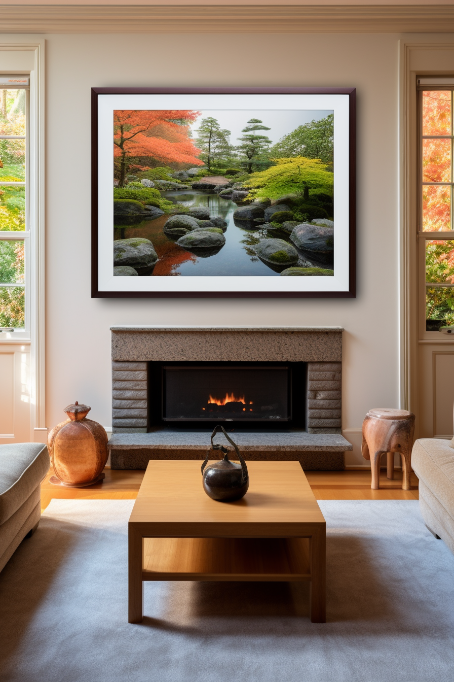 A large living room with a Japanese-inspired ambiance, featuring a fireplace and a captivating wall art of a framed waterfall picture.