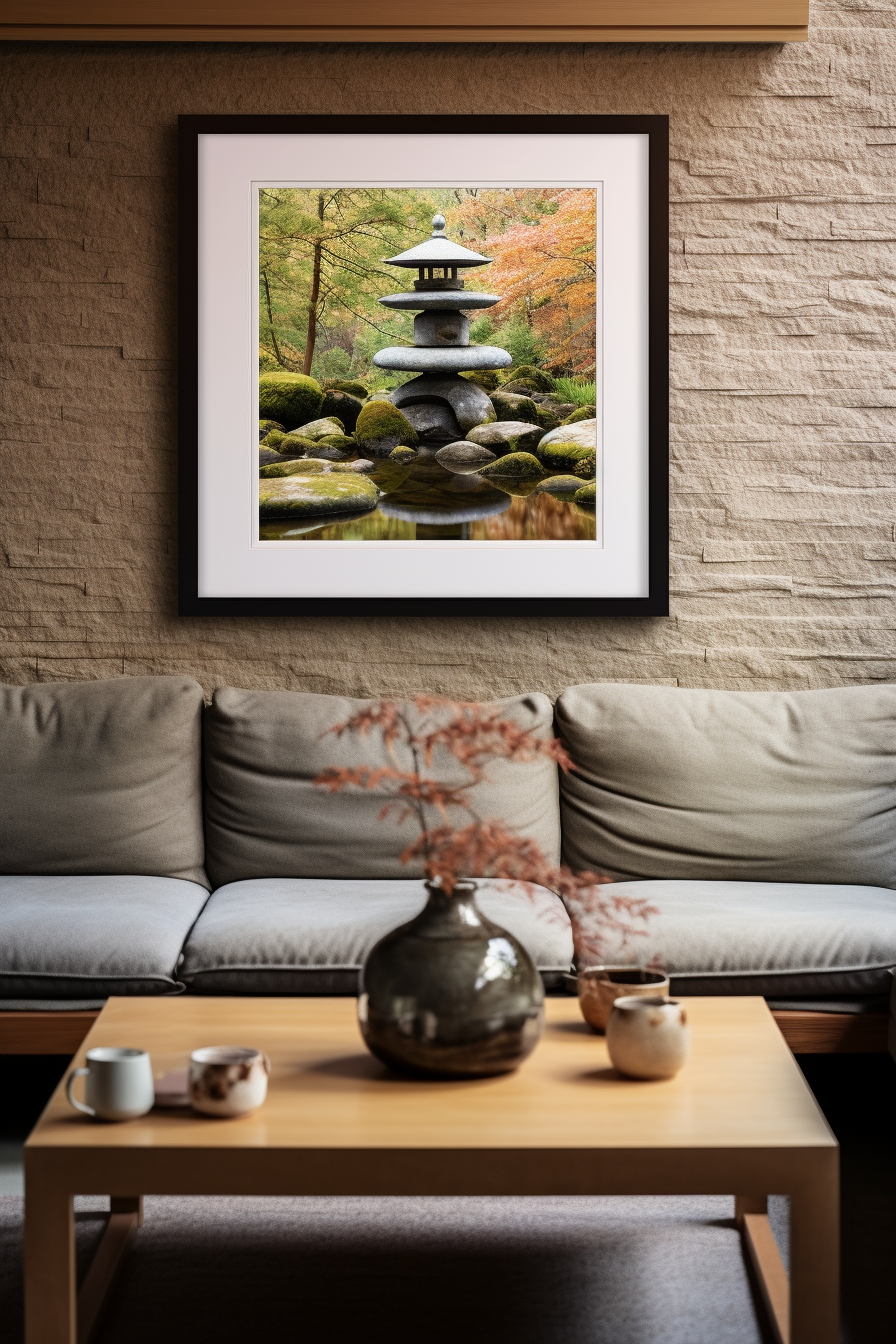 A large framed picture of a Japanese pagoda adorning the living room wall as exquisite wall art.