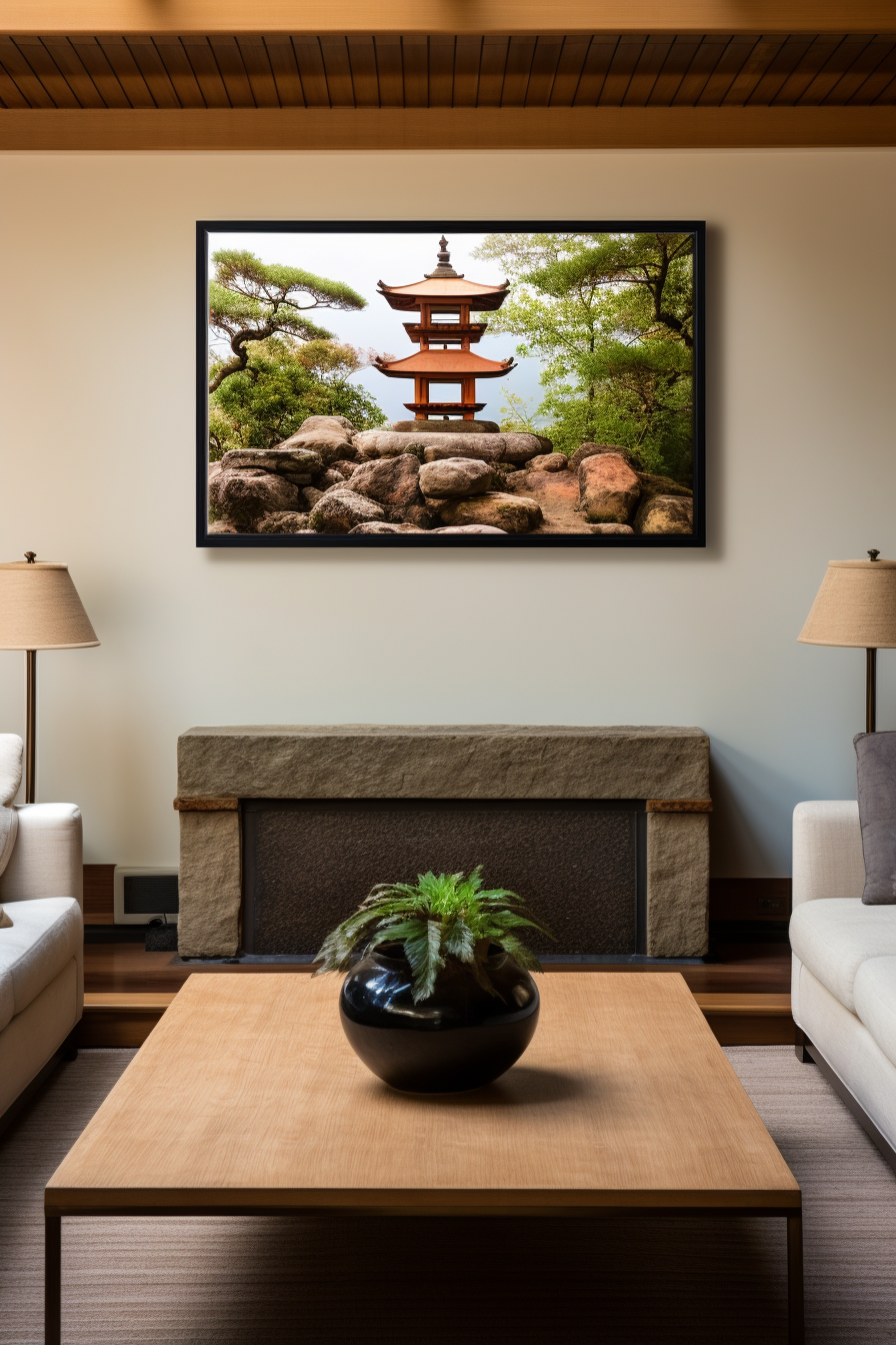 A Japanese-inspired living room with wall art and a fireplace.