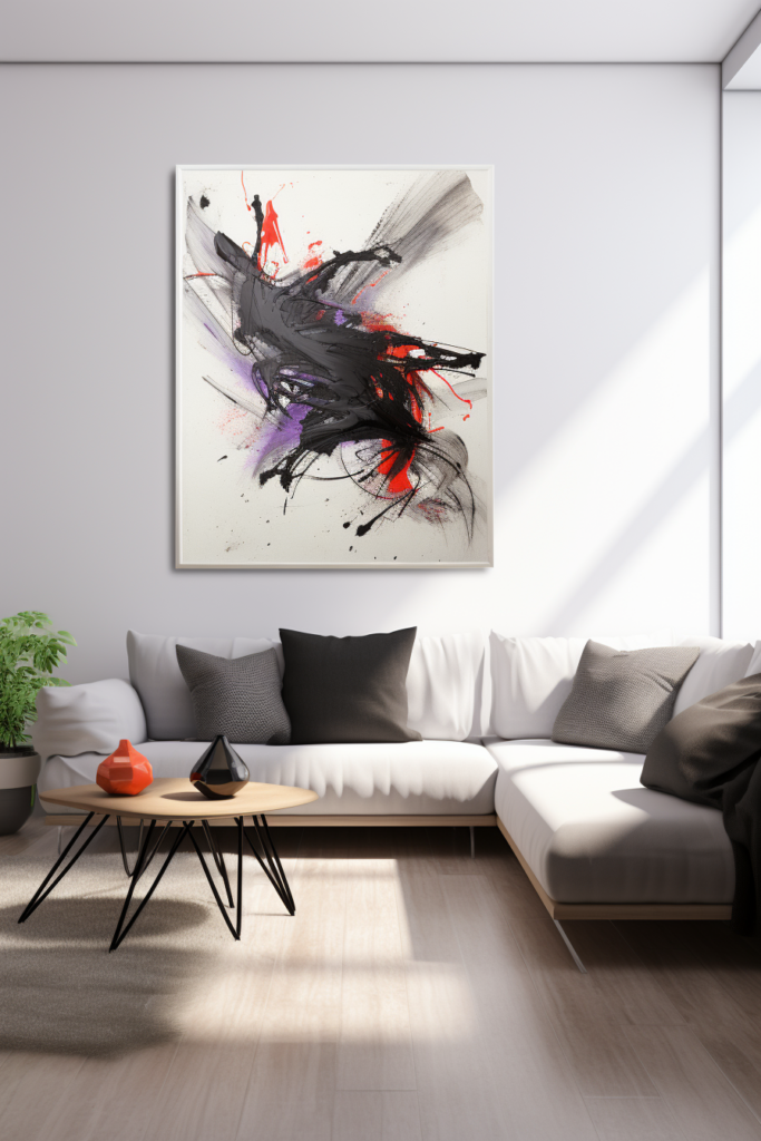 A large Japanese wall art hangs above a couch in a living room.