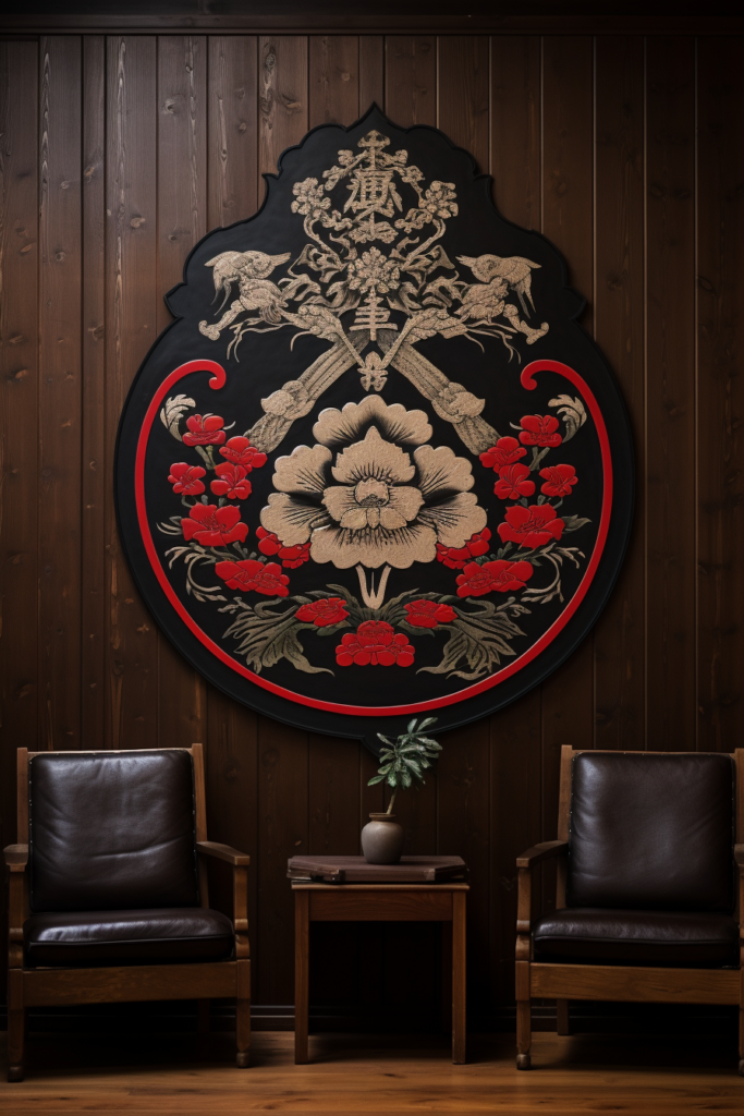 A serene Japanese-inspired room with two chairs and a decorative wooden wall art.