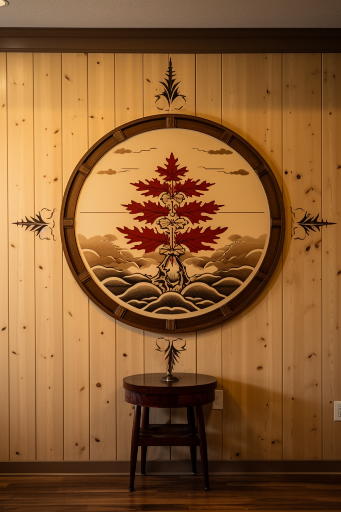 Serene Wall Art featuring a Japanese-inspired red tree on a wooden wall.