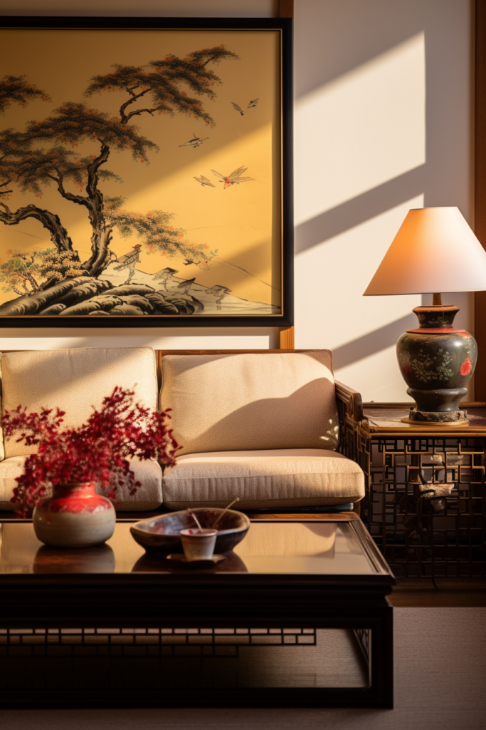A large brown couch in a Japanese-inspired living room with wall art.