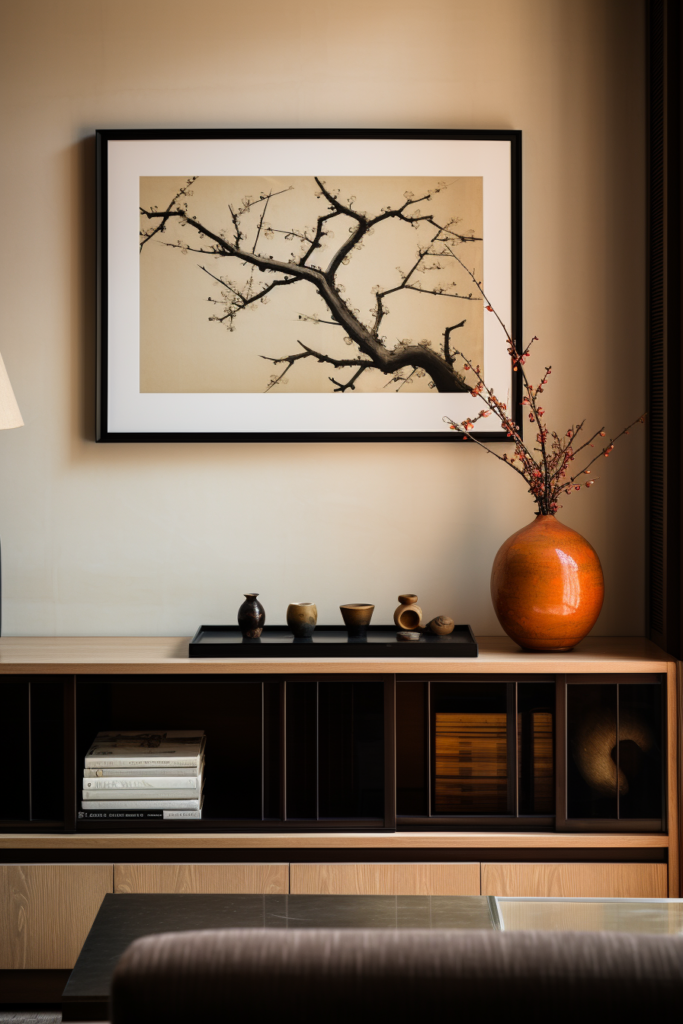 A large black and white framed picture of a tree, serving as serene Japanese wall art for interior spaces.