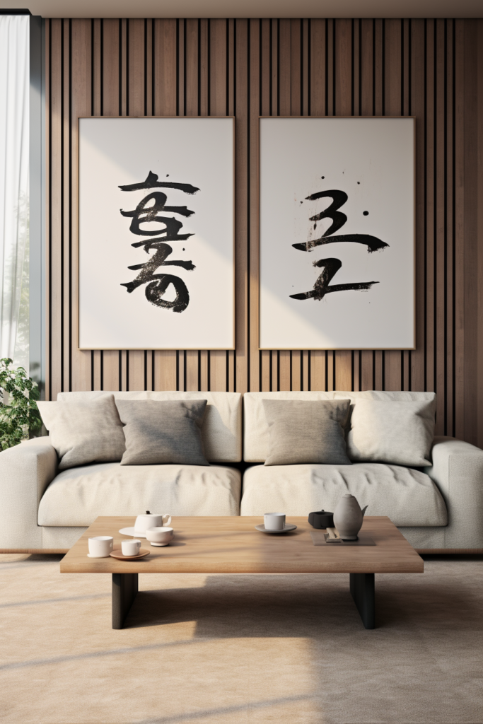 Two serene Chinese calligraphy paintings hang on the wall of a living room, bringing an elegant touch of Wall Art to the space.