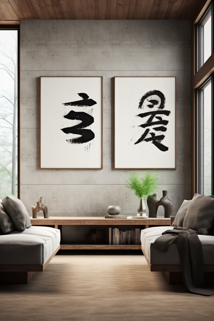 A serene living room adorned with Japanese wall art featuring asian calligraphy.