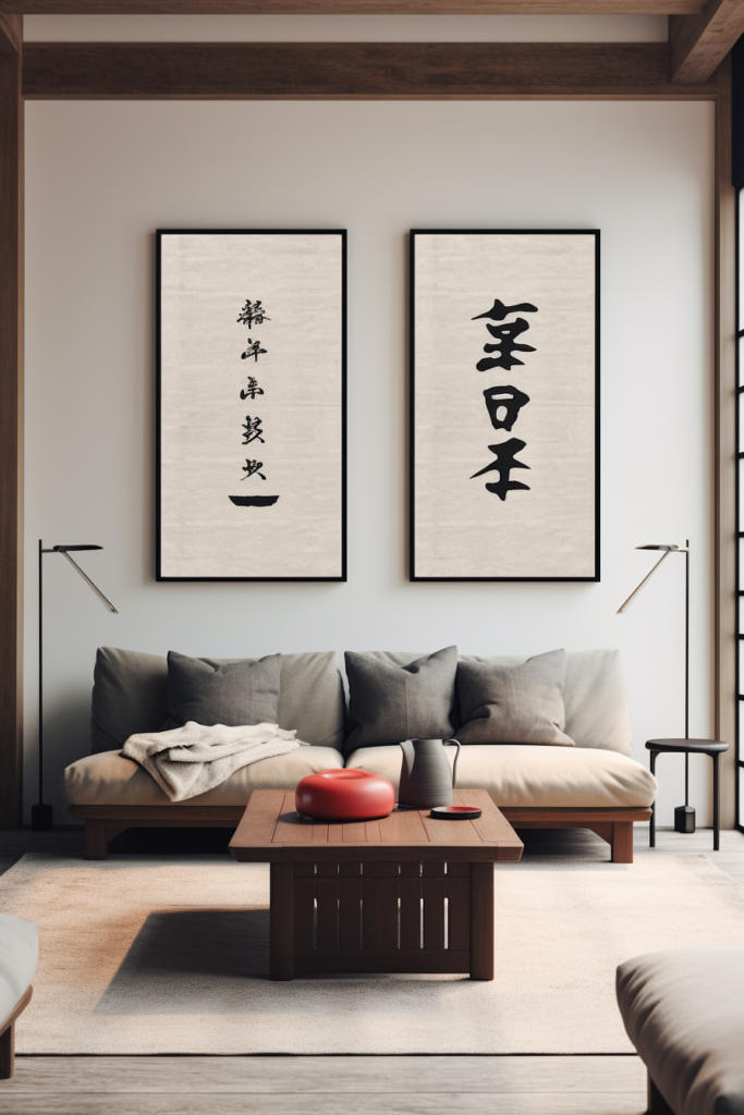 Large Japanese calligraphy on a wall in a living room.