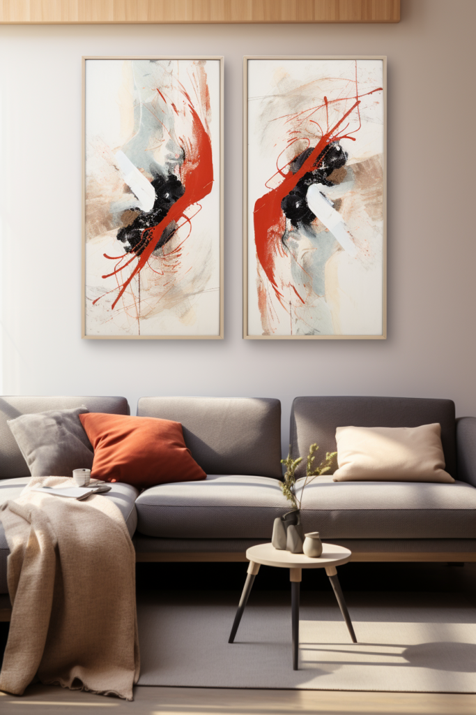 Two Japanese-inspired abstract paintings hanging above a couch in a serene living room adorned with wall art.
