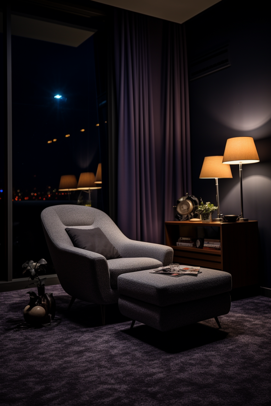 An elegant retreat living room with a chair and a lamp, featuring dark grey carpet.
