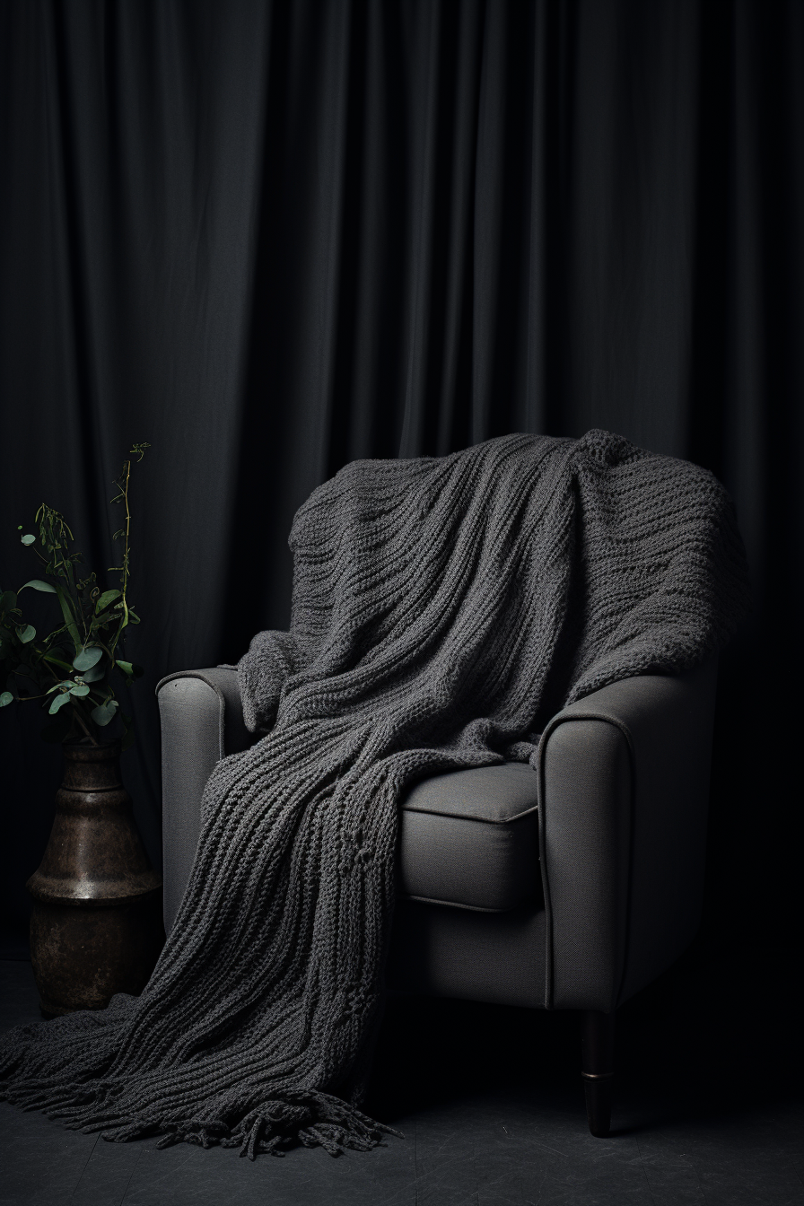 A stylish grey blanket drapes over a chair against a sleek black background, offering elegant retreat styling ideas.