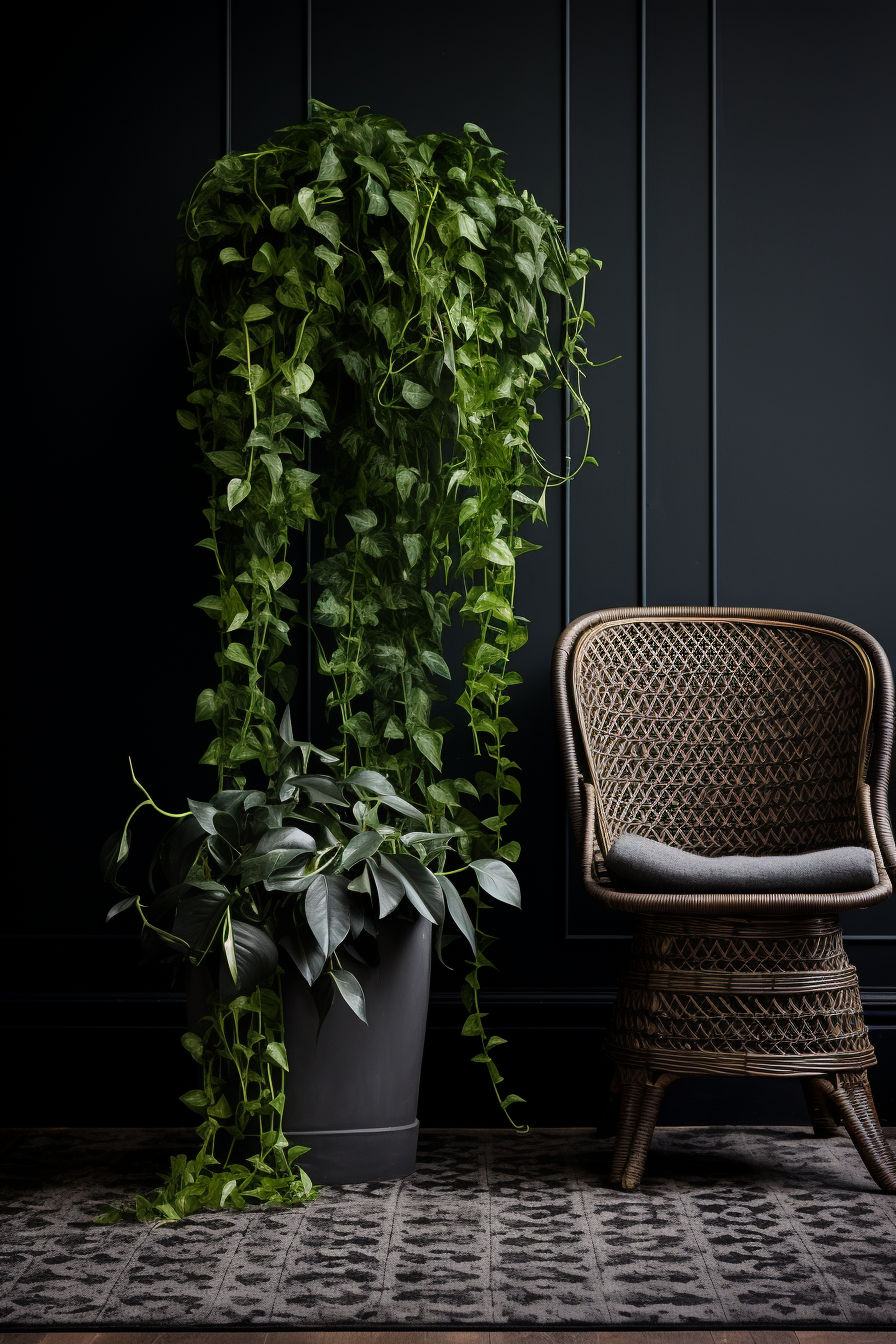 A wicker chair next to a potted plant in front of a black wall, offering styling ideas for bedrooms with dark grey carpet.