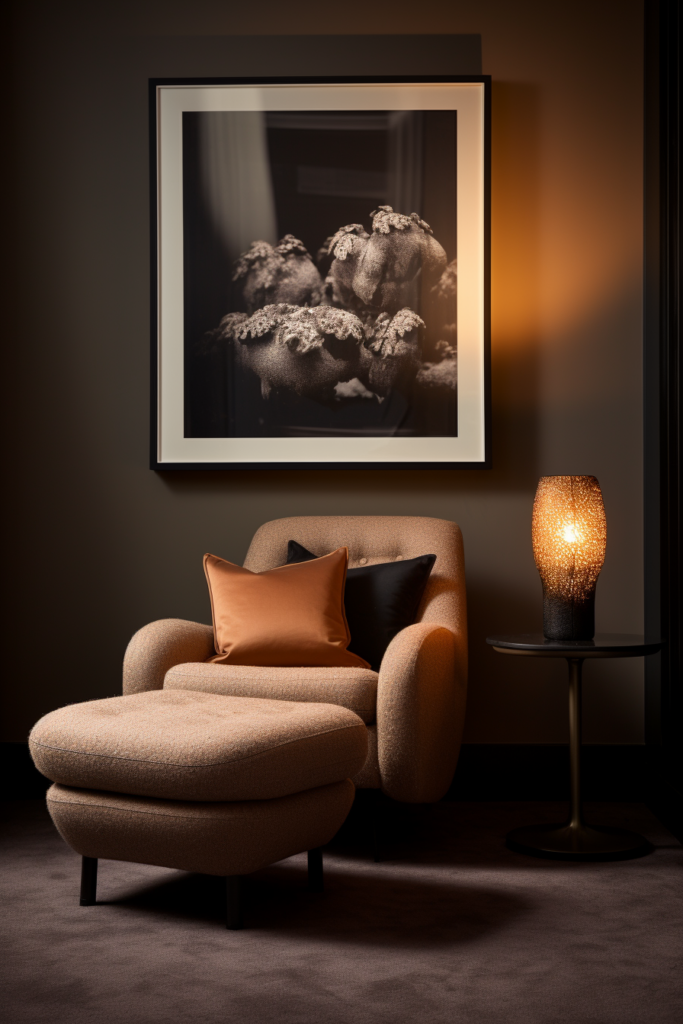 This elegant retreat features a chair and a lamp, surrounded by styling ideas and a framed picture. The room is adorned with a dark grey carpet adding to its sophisticated ambiance.