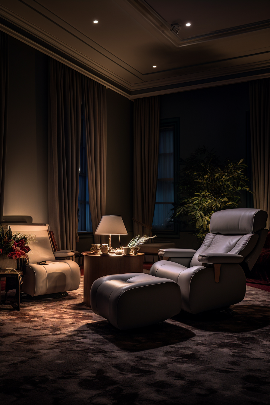 An elegant retreat featuring a couch and a lamp, with dark grey carpet.