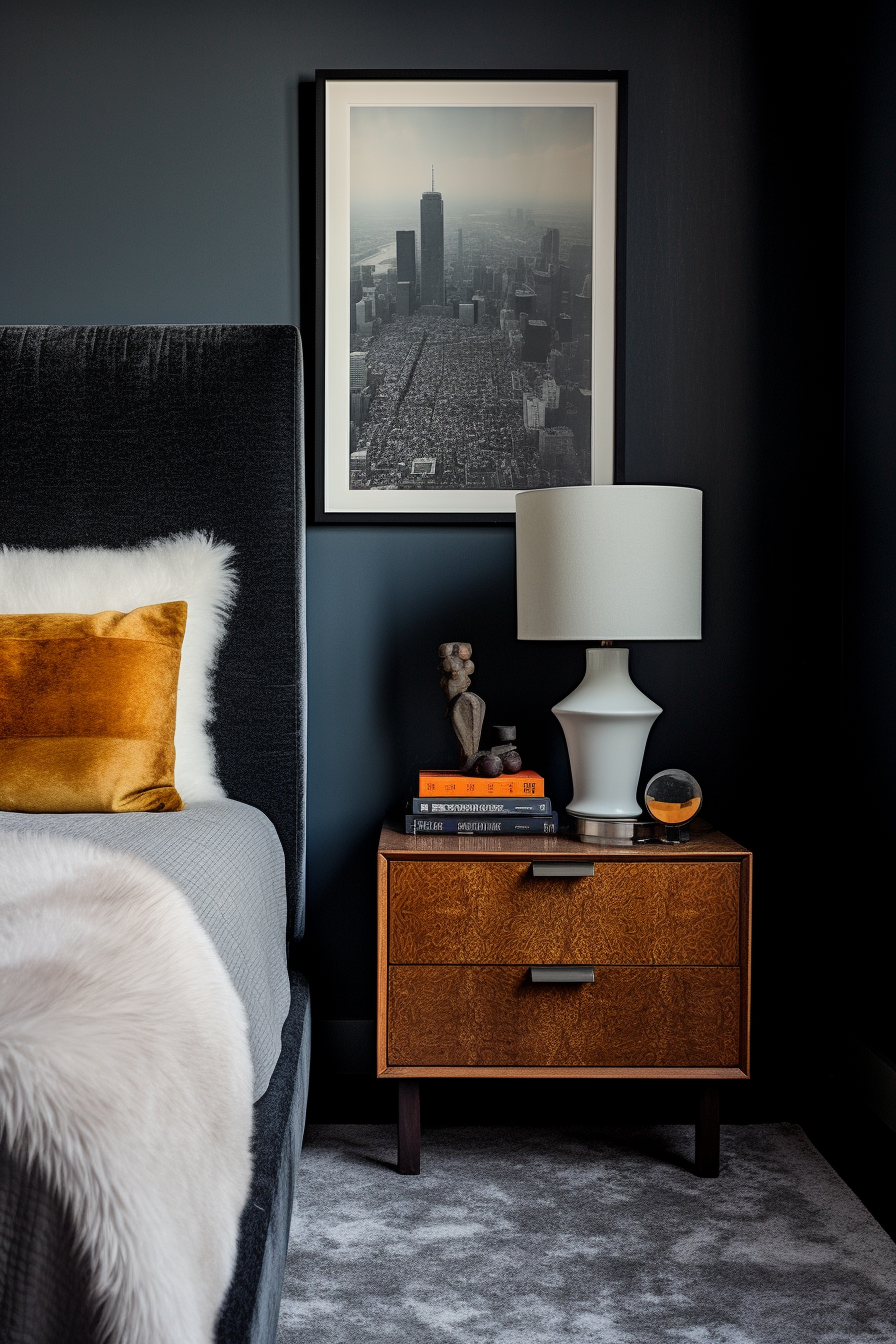 Create an elegant retreat in your bedroom with a bed and a nightstand. Add styling ideas to enhance the ambiance, such as incorporating a dark grey carpet for a sophisticated touch.