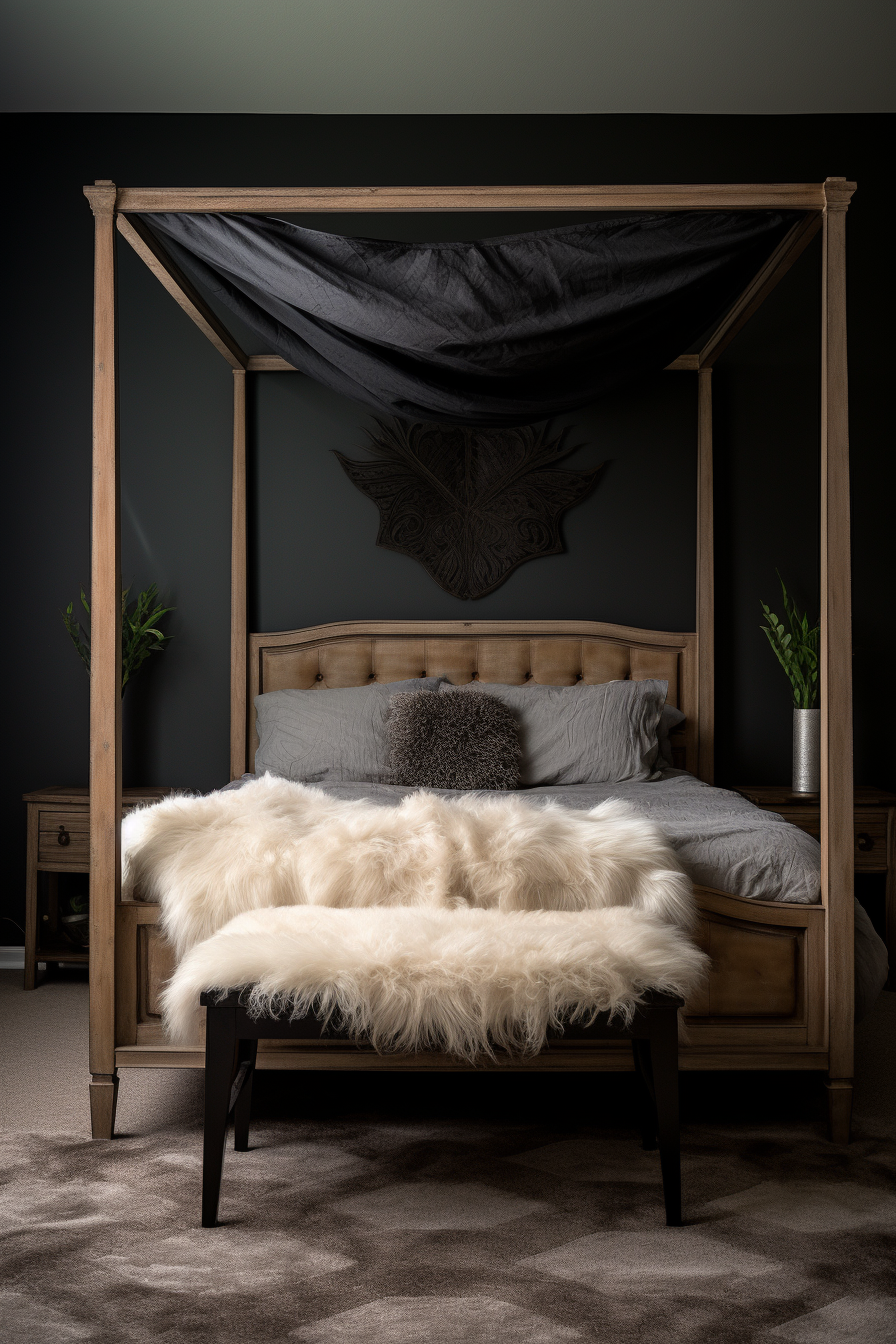 An elegant retreat with a canopy bed and a sheepskin rug.