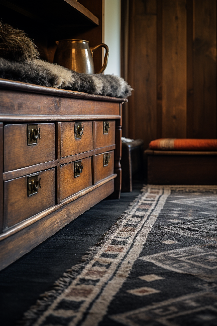 An elegant wooden chest of drawers in a bedroom with a rug.