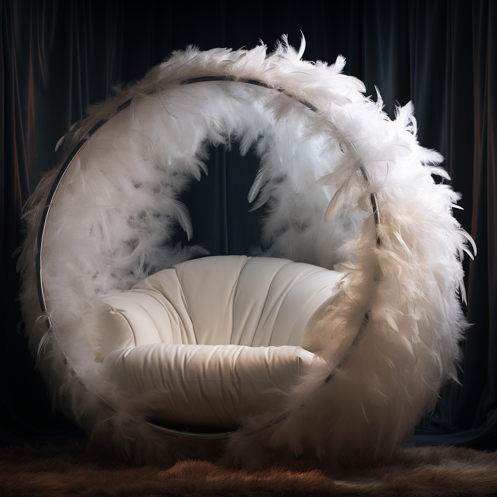 A white chair enveloped in a flurry of white feathers.
