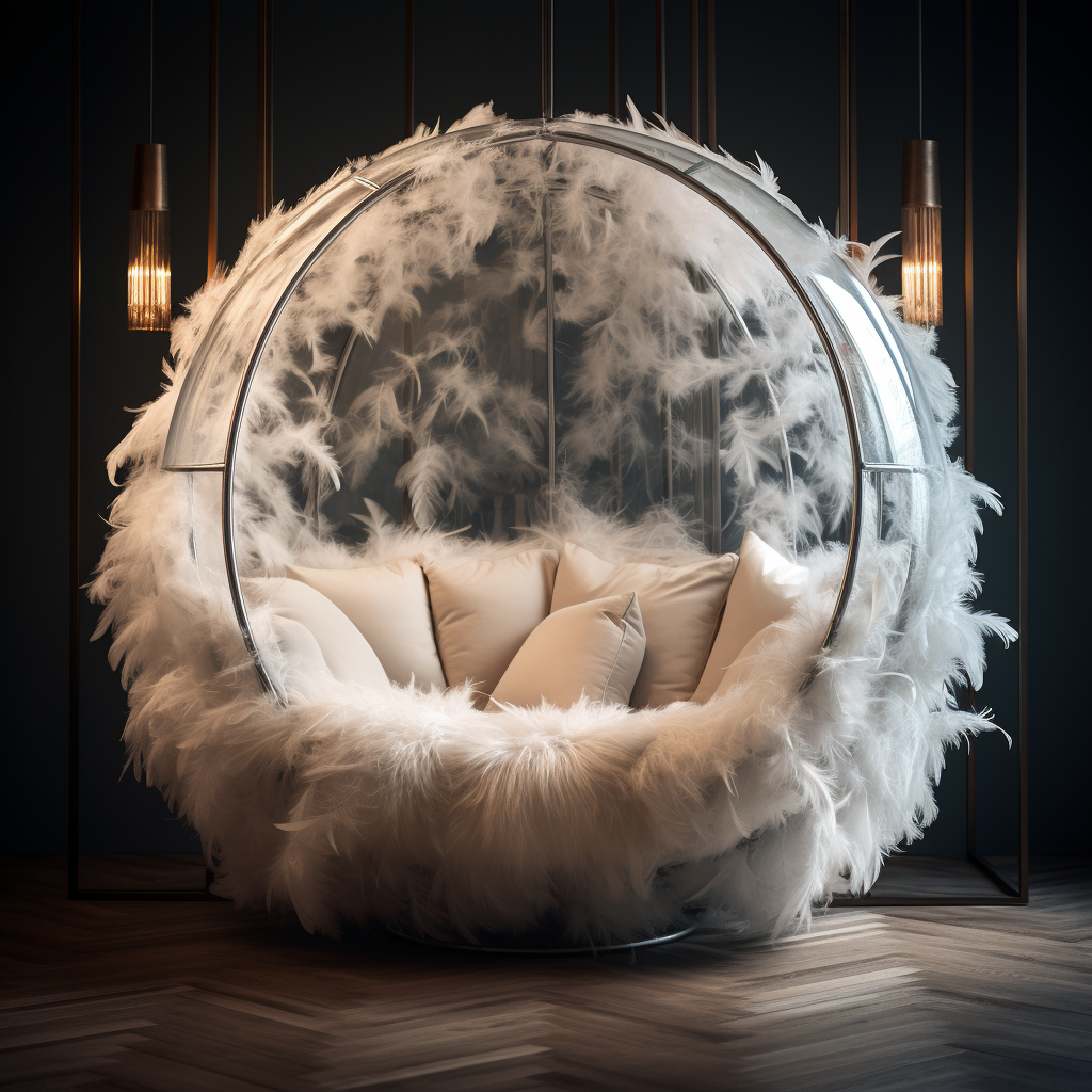A unique cocoon chair resembling a white sphere, adorned with feathers.
