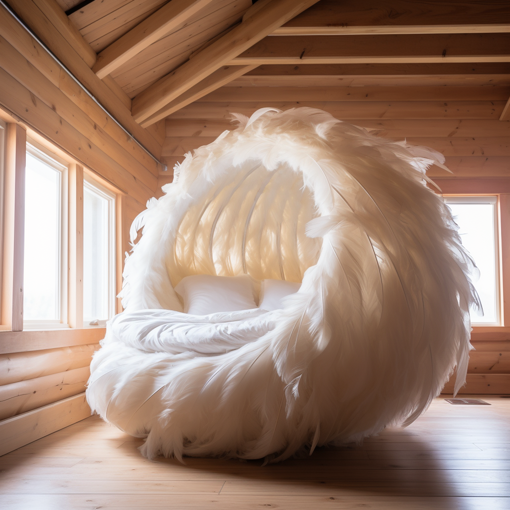 A unique bed made of feathers, resembling a cocoon, in a room.