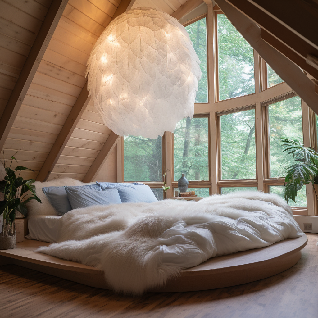 A unique round bed nestled in a room with windows, creating a cozy cocoon-like haven.