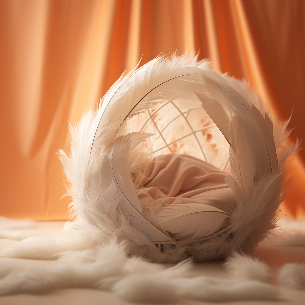 A unique white feathered ball sitting on top of an orange curtain.
