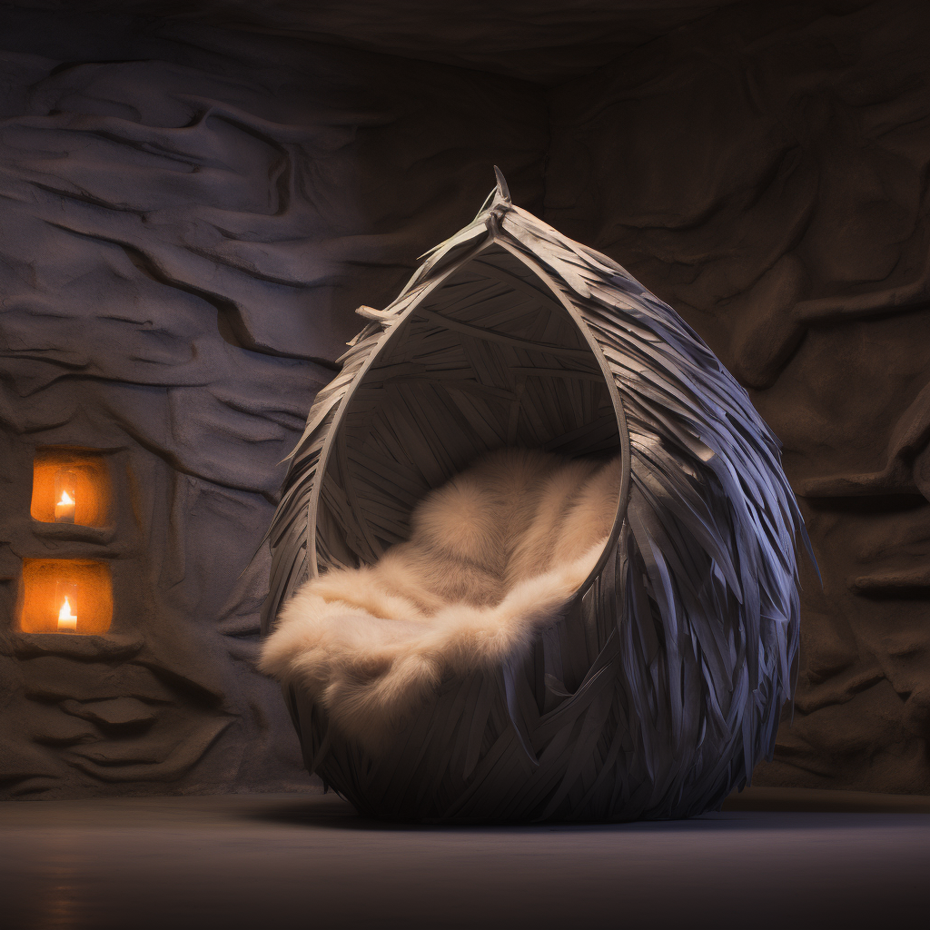 A unique 3D model of a chair nestled within a cave.