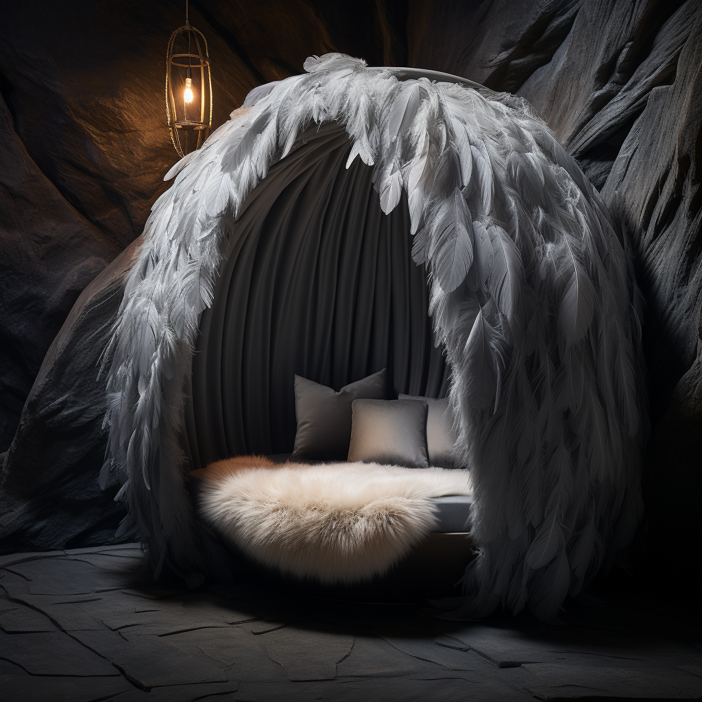 A unique cocoon bed in a cave with white feathers and a lamp.