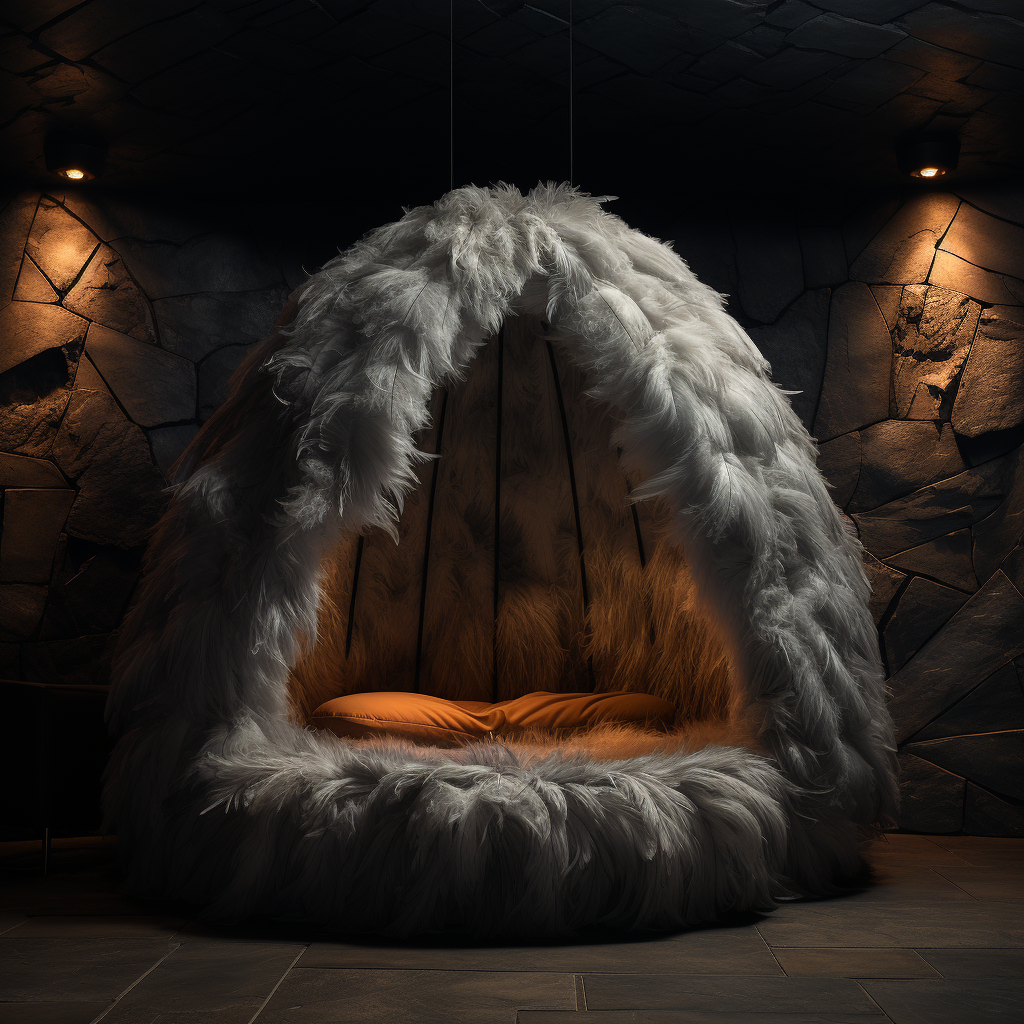 A unique bed made out of fur in a dark room, resembling a cozy cocoon.