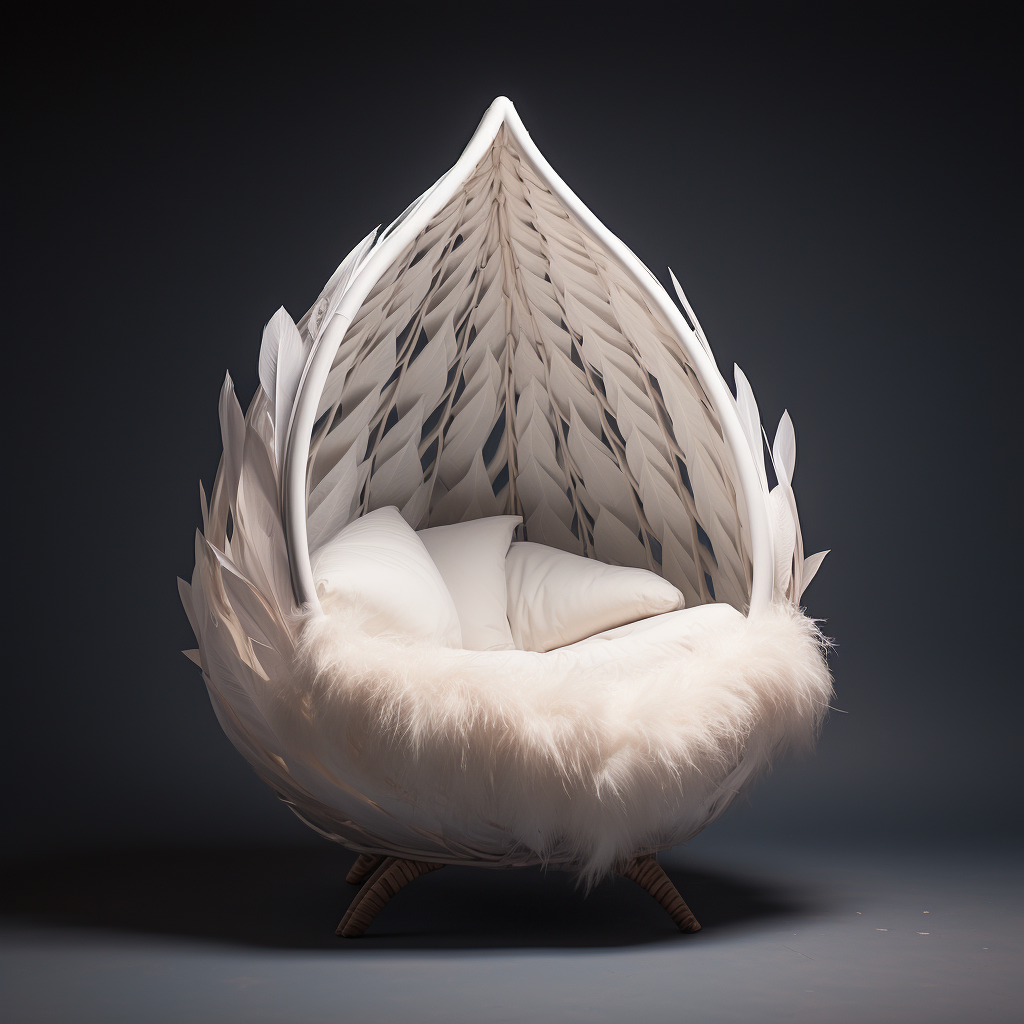 A unique 3D model of a white chair with feathers on it.