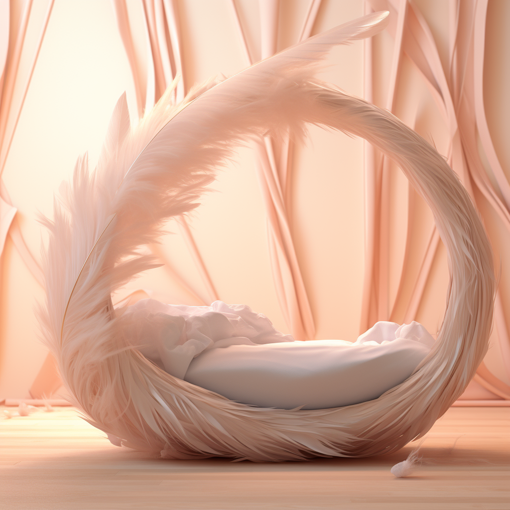 3D rendering of a unique baby's bed with feathers.