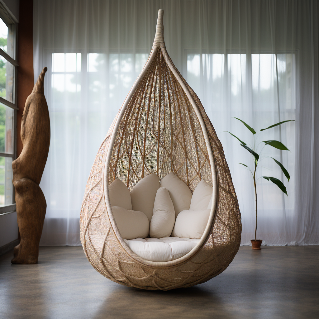 A unique rattan hanging chair in a room.