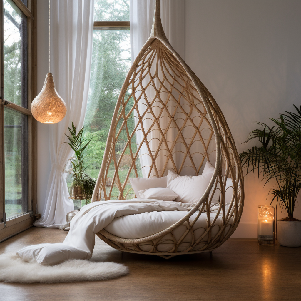 A unique rattan hanging chair in a room with a window.