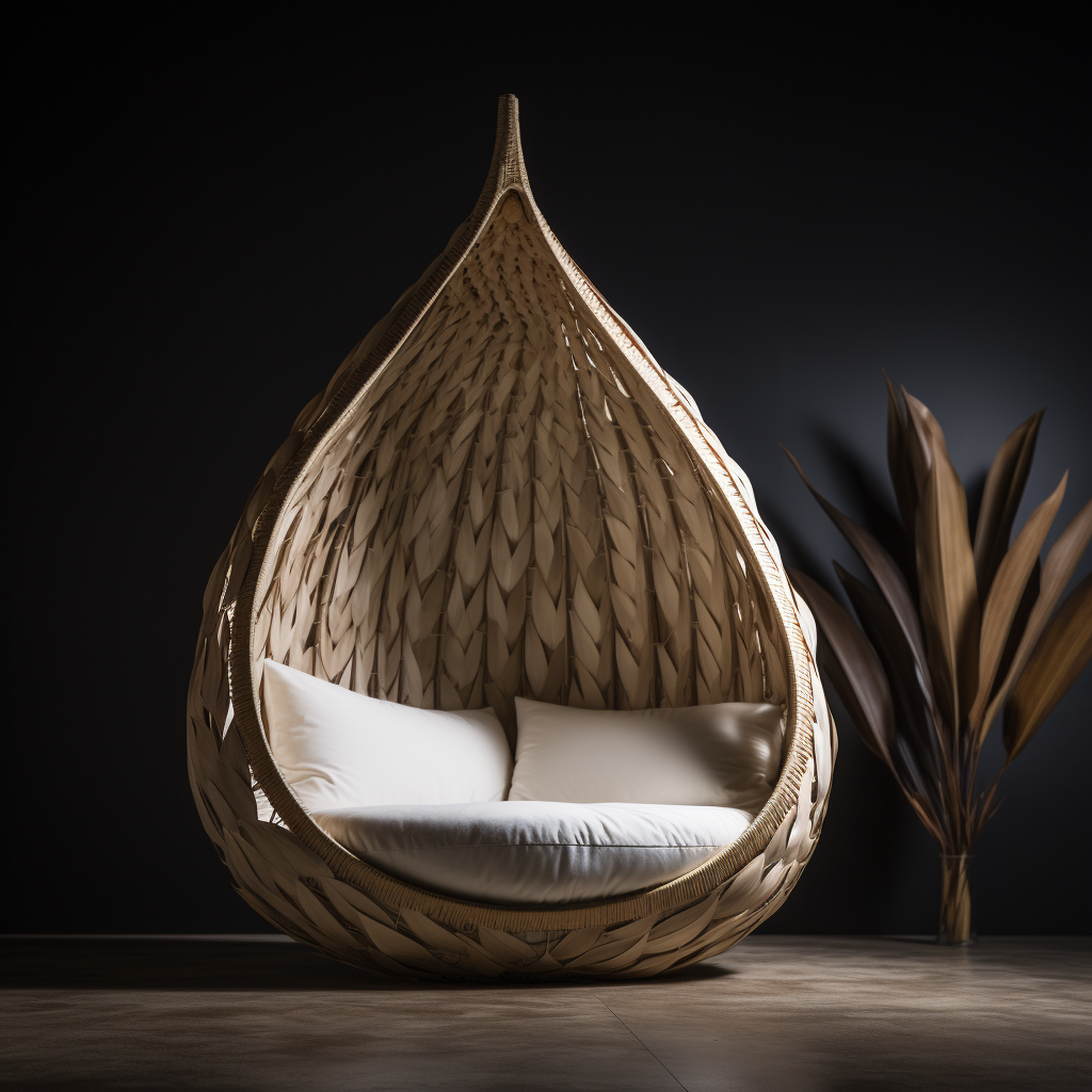 A unique 3D rendering of a wooden hanging chair with a cocoon-like design.