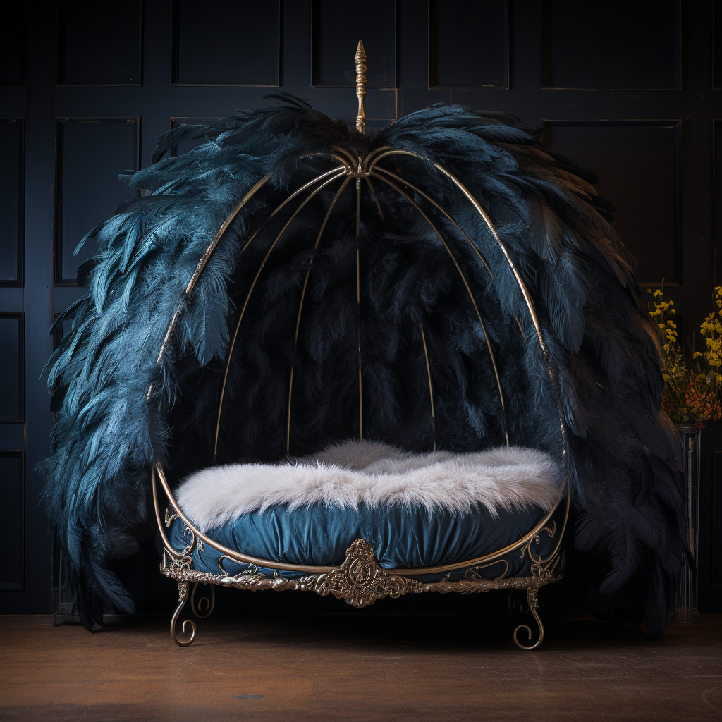 A unique blue and gold canopy bed with feathers.