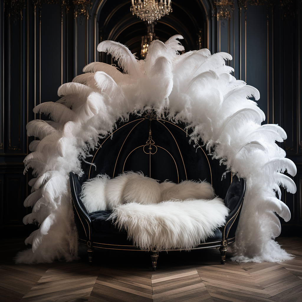 A white couch covered in feathers in a unique room.