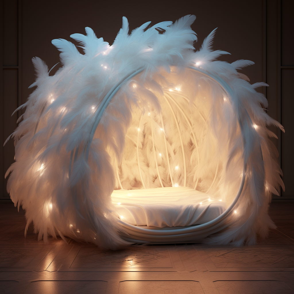 A cocoon bed adorned with soft white feathers and twinkling lights.