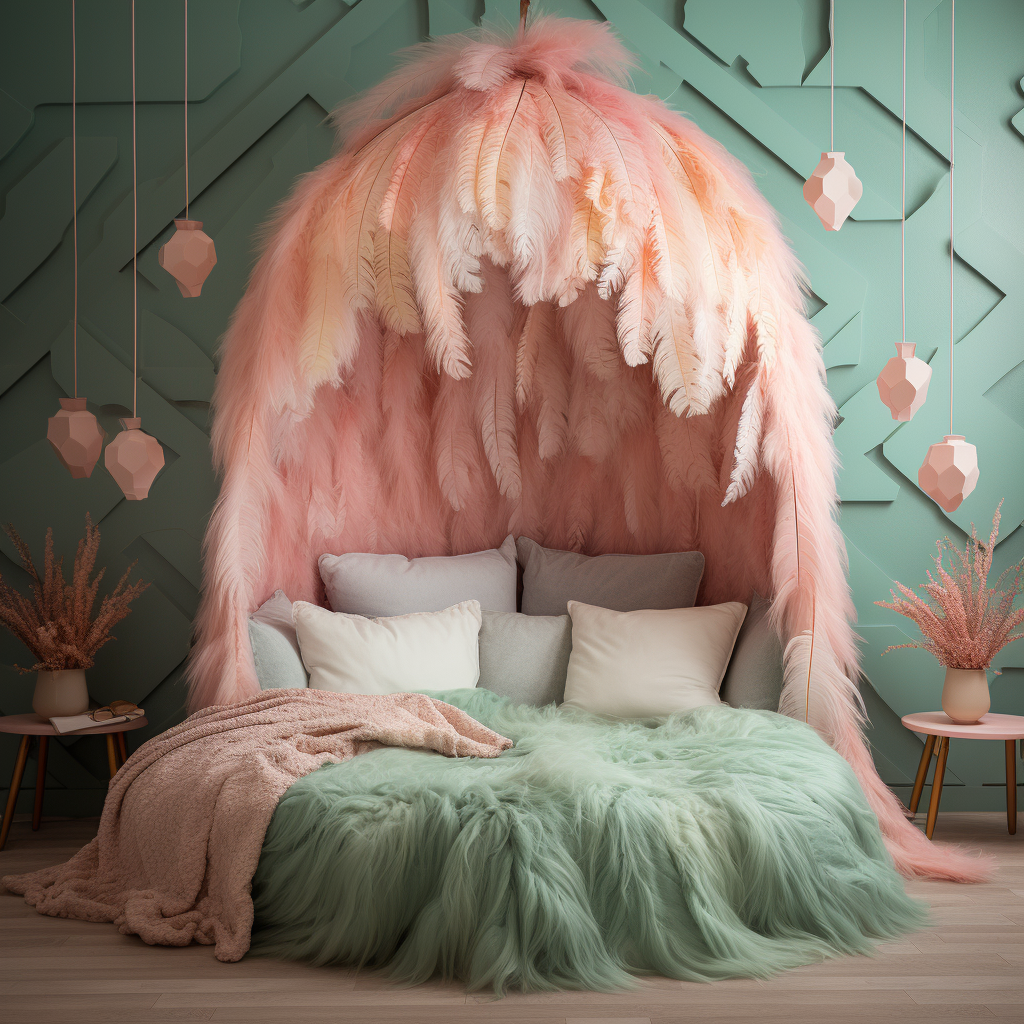 A pink and green room with a Cocoon bed covered in feathers, creating a unique sleeping experience.