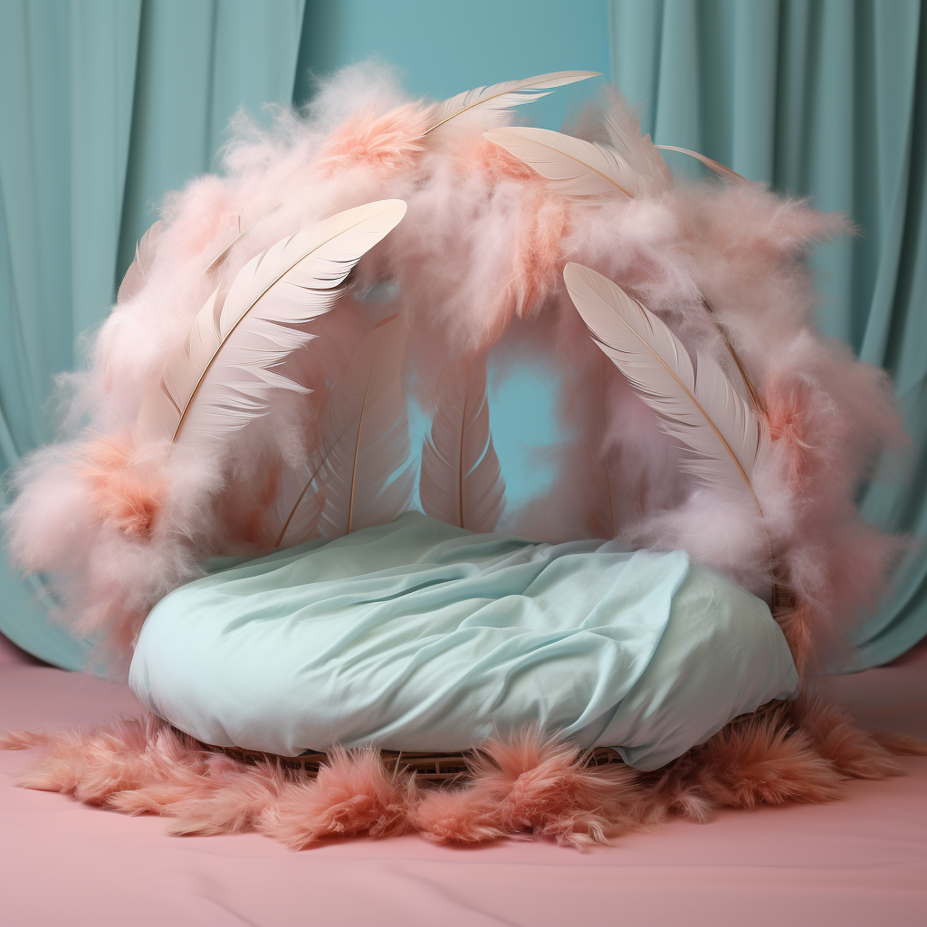 A unique dog bed with pink feathers on a blue background.