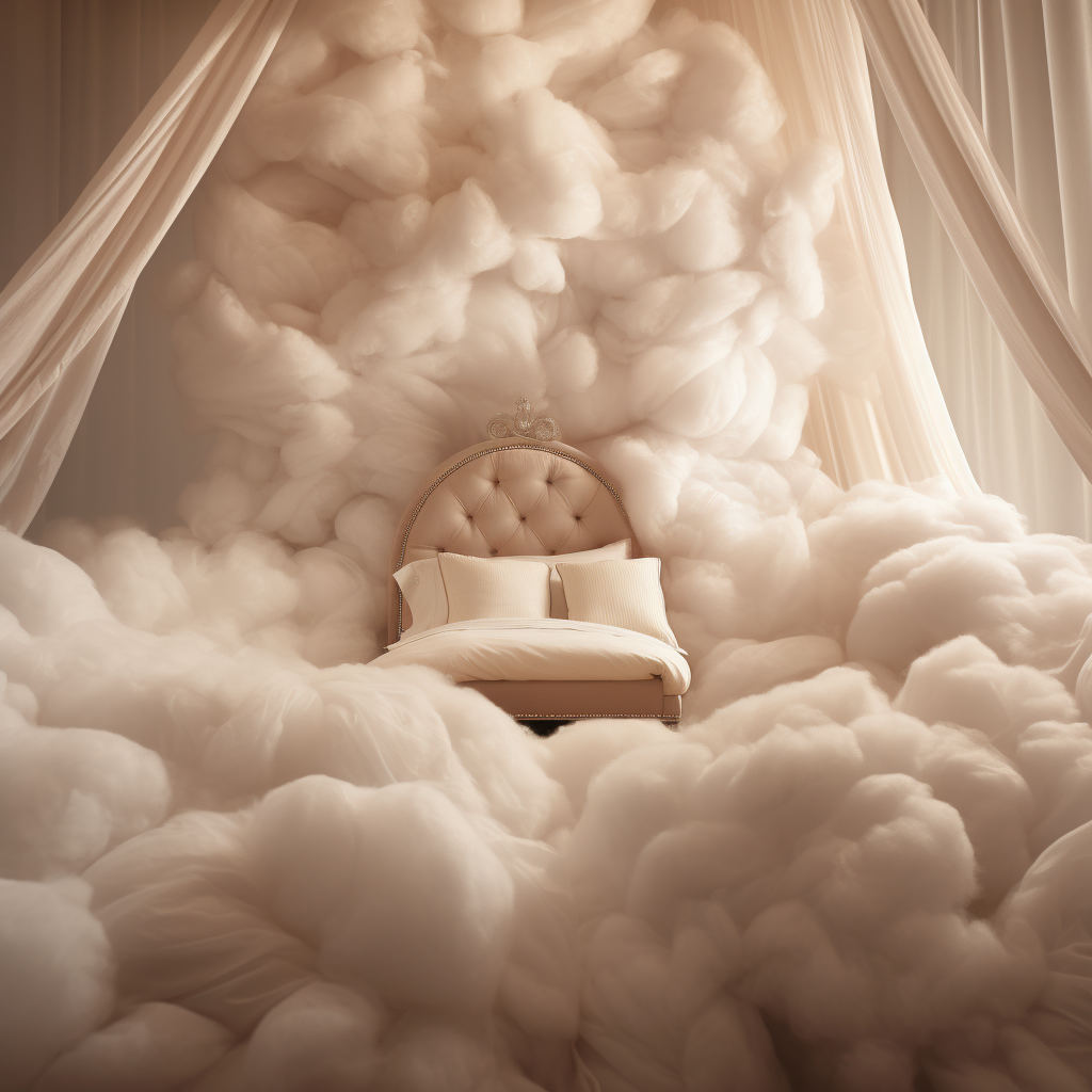 A unique cocoon bed surrounded by clouds in a room.