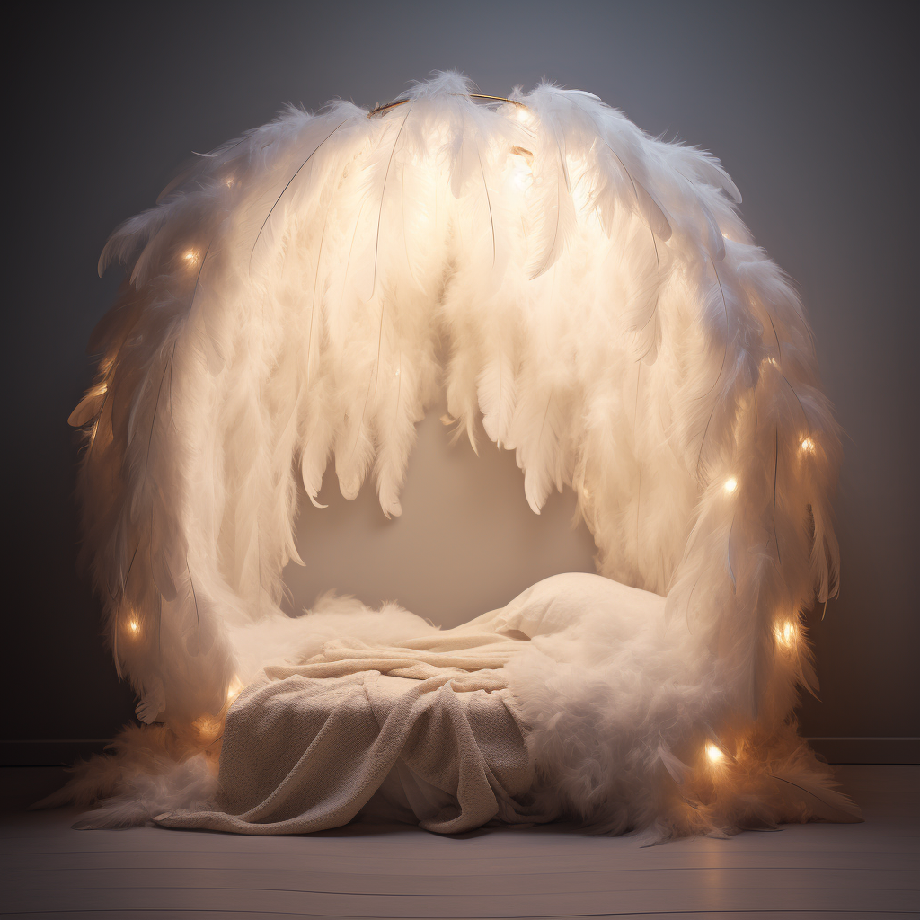 A cocoon-like bed with a combination of white feathers and lights in the middle.