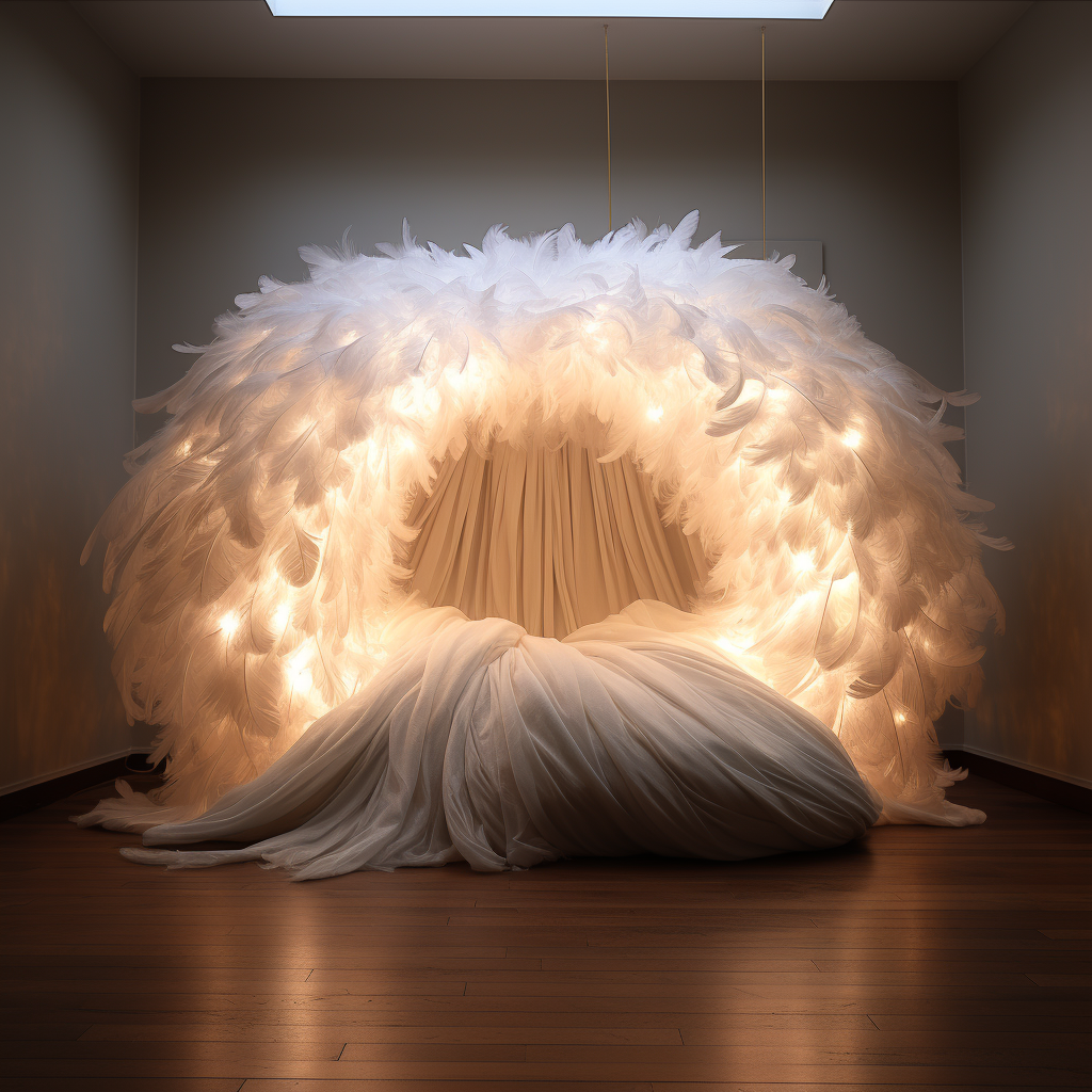 A unique room with a bed covered in white feathers, creating a cocoon-like experience.
