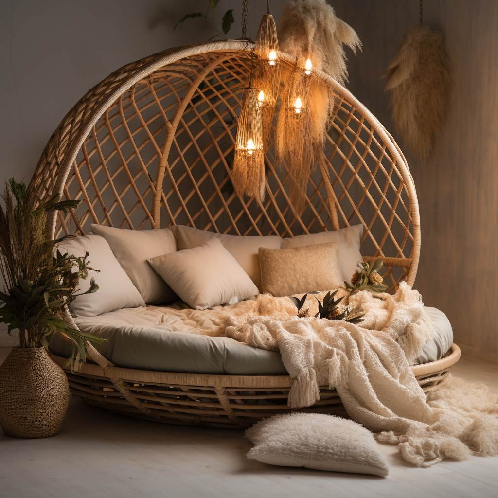 A unique rattan day bed in a room.