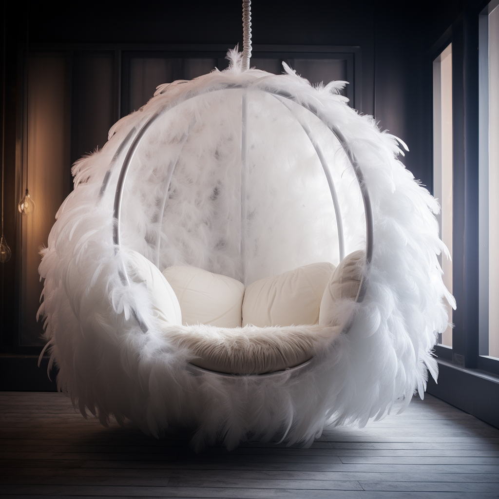 A unique white feather hanging chair in a room that resembles a cocoon bed.
