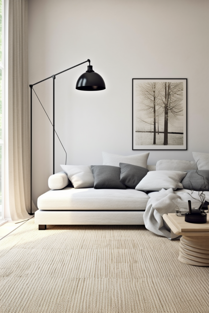 A tranquil living room with a lamp and a grey carpet.