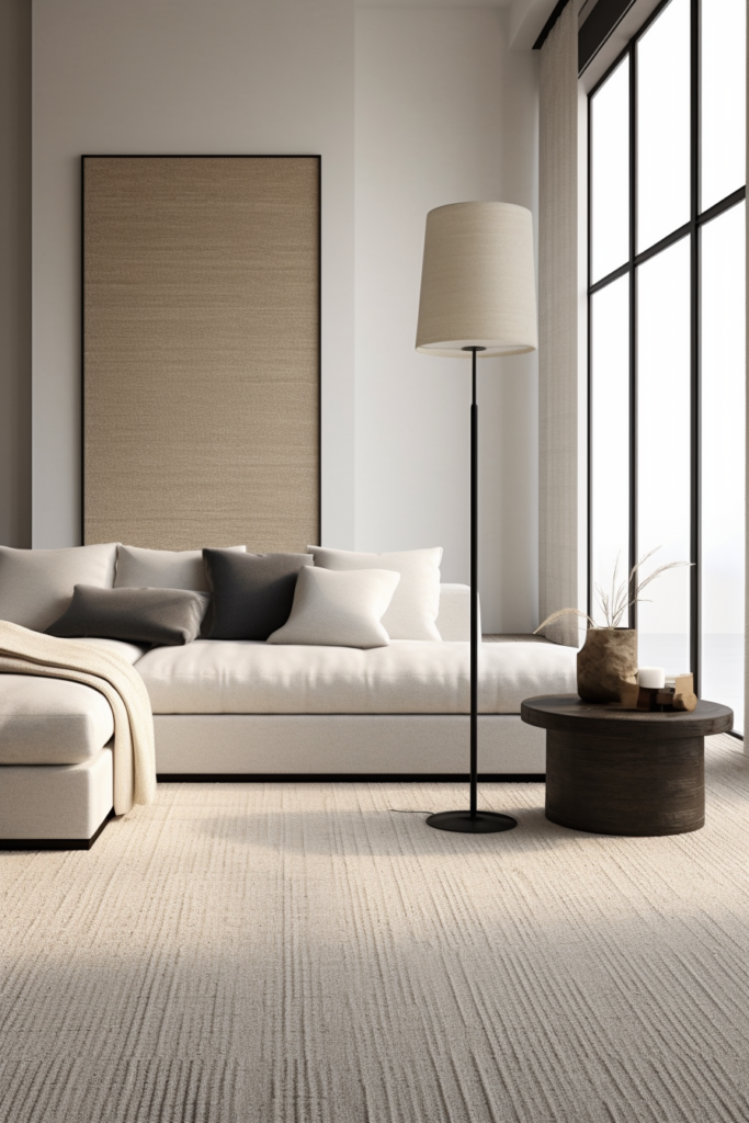 Creating a tranquil modern living room with a white couch and a lamp on a grey carpet.