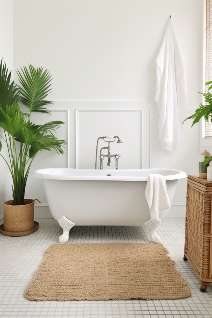 A tranquil white bathroom with a bathtub and a potted plant creating a serene atmosphere.