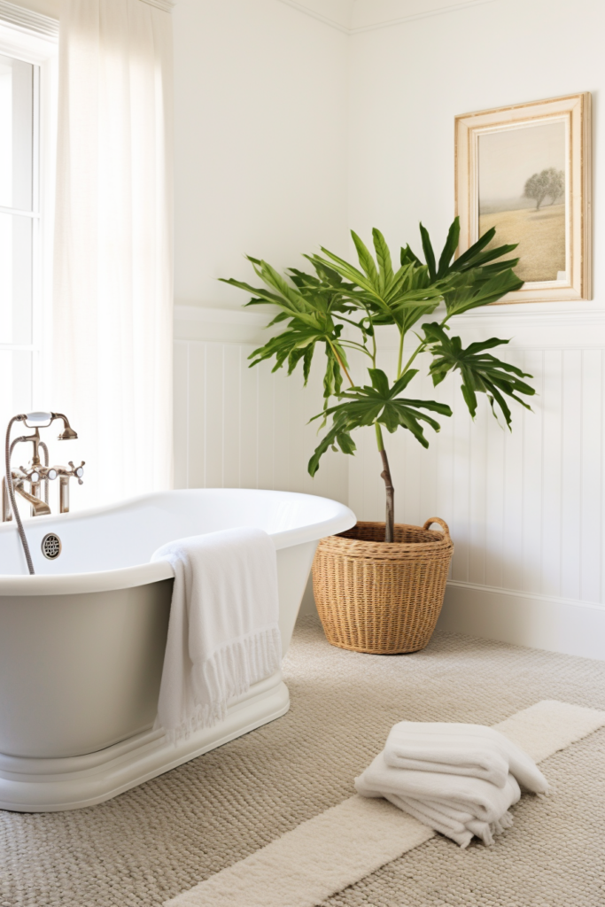 A tranquil bathroom with a white tub and a potted plant.