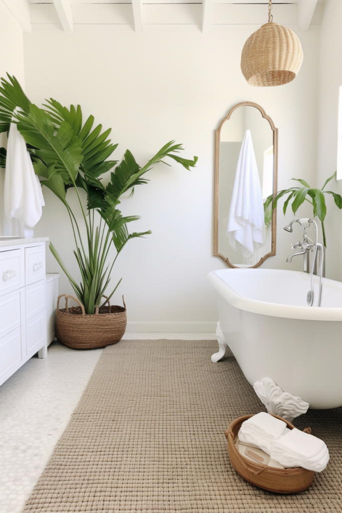 A tranquil bathroom with plants and a bathtub.