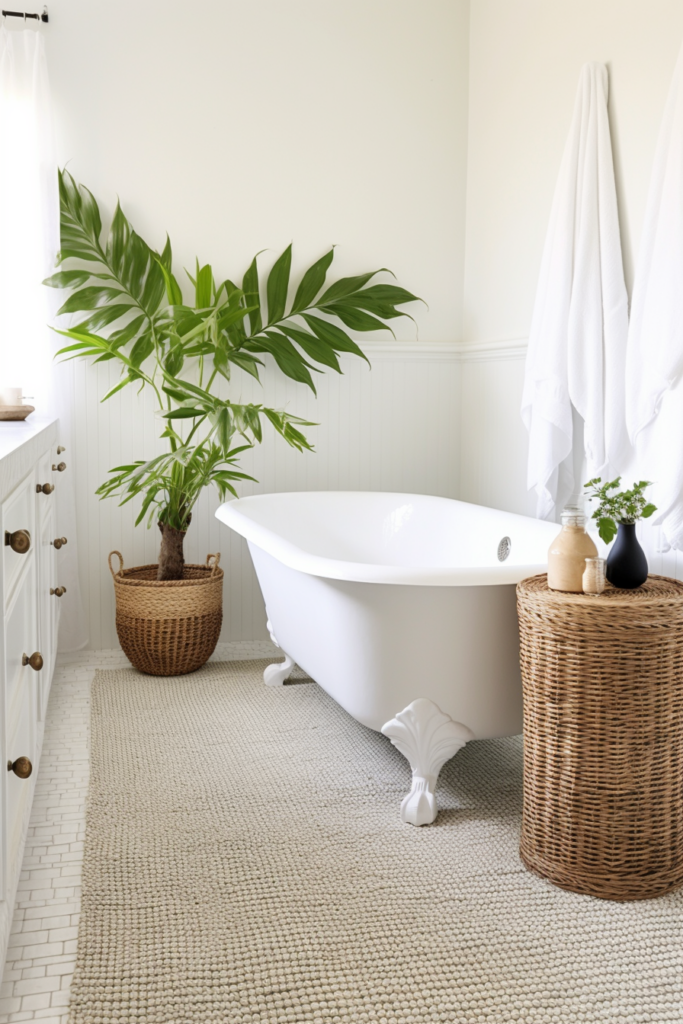 A tranquil bathroom with a plant and a wicker basket.