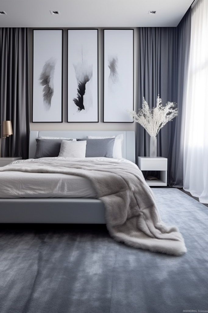 An Interiors-themed modern bedroom with tranquil grey walls.